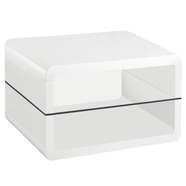 This ultra-modern square end table features a sleek white high-gloss finish and a clear tempered glass shelf for functional storage or display. Crafted from durable engineered wood, its rounded edges lend a contemporary touch while ensuring lasting qualit