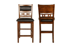 Enhance your dining room with this set of 2 New Classic Gia Counter Chairs in a warm brown finish. Crafted from solid Rubberwood and Mindi veneers, these chairs combine durability with timeless beauty. The versatile brown finish accentuates the natural wo