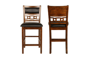 Enhance your dining room with this set of 2 New Classic Gia Counter Chairs in a warm brown finish. Crafted from solid Rubberwood and Mindi veneers, these chairs combine durability with timeless beauty. The versatile brown finish accentuates the natural wo