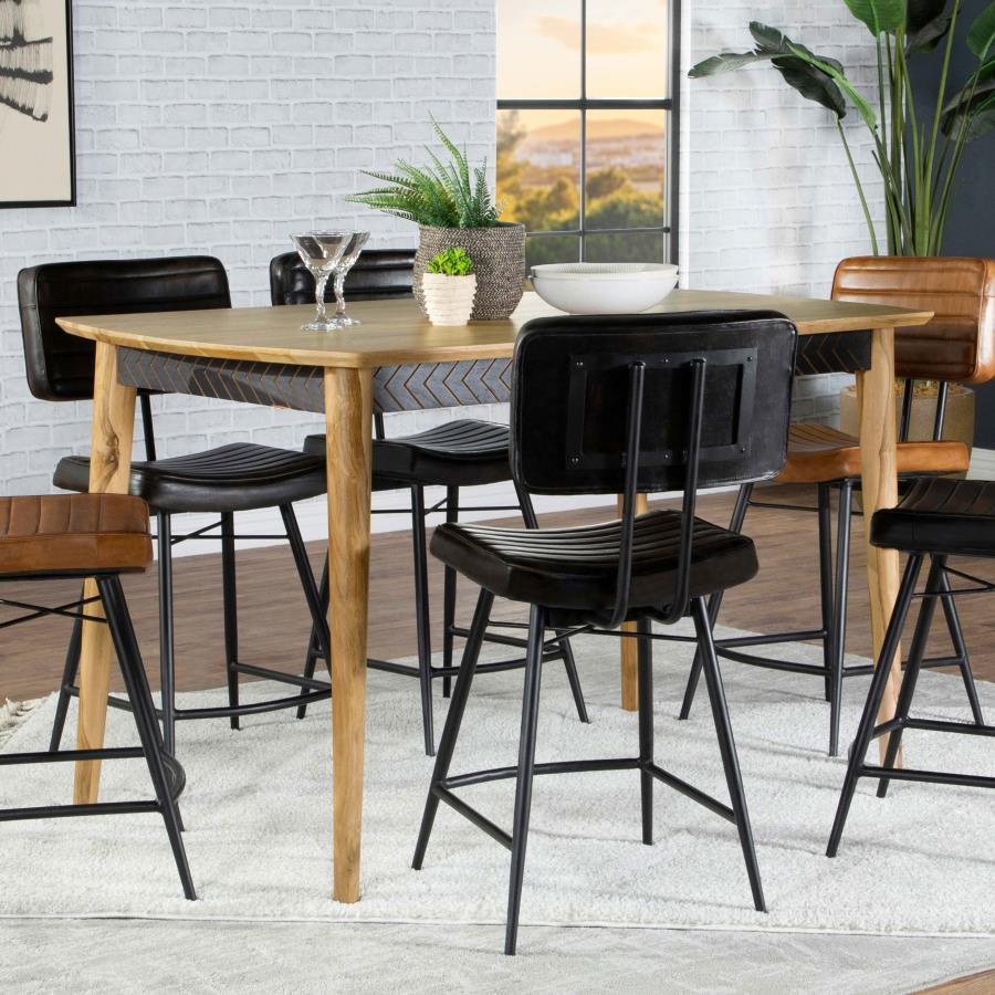 A perfect addition to contemporary homes, this mid-century style counter height table creates a warmth to a dining area with its solid natural Sheesha wood frame. Graceful curved edges and a 45-degree chamfered profile lend a softness and elegance to this