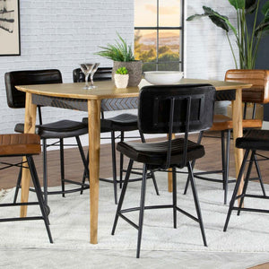 this mid-century style counter height table creates a warmth to a dining area with its solid natural Sheesha wood frame. Graceful curved edges and a 45-degree chamfered profile lend a softness and elegance to this