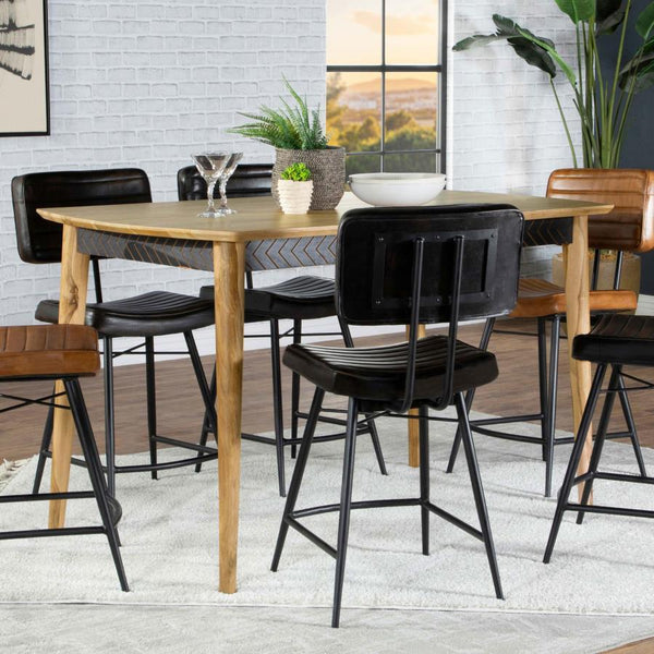  this mid-century style counter height table creates a warmth to a dining area with its solid natural Sheesha wood frame. Graceful curved edges and a 45-degree chamfered profile lend a softness and elegance to this