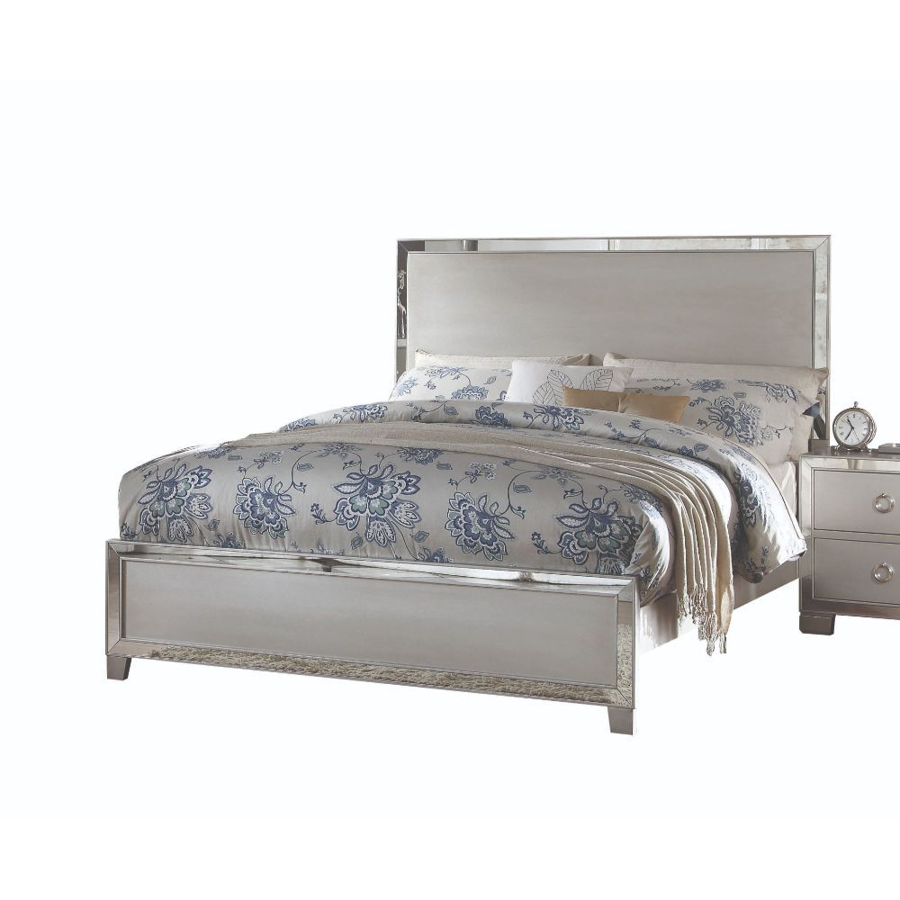 The Voeville II Collection will create a warmer and fresher environment in your master bedroom with its platinum finish. Features panel wooden headboard or upholstered PU headboard for you to choose from, complemented by mirror inlay trim, brings a unique