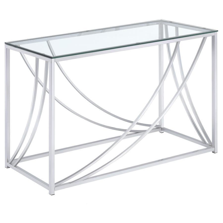 This rectangular console table combines modern elegance with practical design. Featuring a clear tempered glass top, it offers both durability and style. The electroplated chrome frame adds a sleek, polished finish, while gracefully curved metal accents e