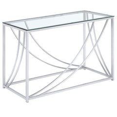 This rectangular console table combines modern elegance with practical design. Featuring a clear tempered glass top, it offers both durability and style. The electroplated chrome frame adds a sleek, polished finish, while gracefully curved metal accents e