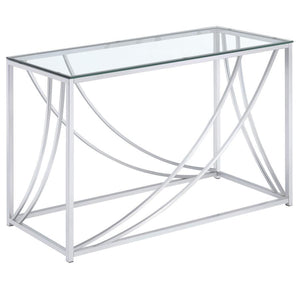 This rectangular console table combines modern elegance with practical design. Featuring a clear tempered glass top, it offers both durability and style. The electroplated chrome frame adds a sleek, polished finish, while gracefully curved metal accents e