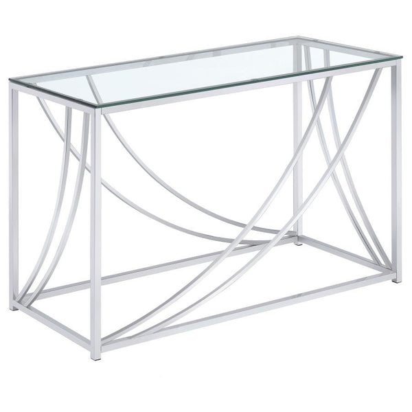 This rectangular console table combines modern elegance with practical design. Featuring a clear tempered glass top, it offers both durability and style. The electroplated chrome frame adds a sleek, polished finish, while gracefully curved metal accents e