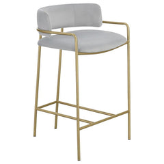 A soft and supple grey velvet envelops the comfy padded seat and linear backrest of this chic and glamorous stool. Situated and supported by a slim rod-like frame in a gold finish, this stool offers an air of sophistication to any bar top or kitchen islan