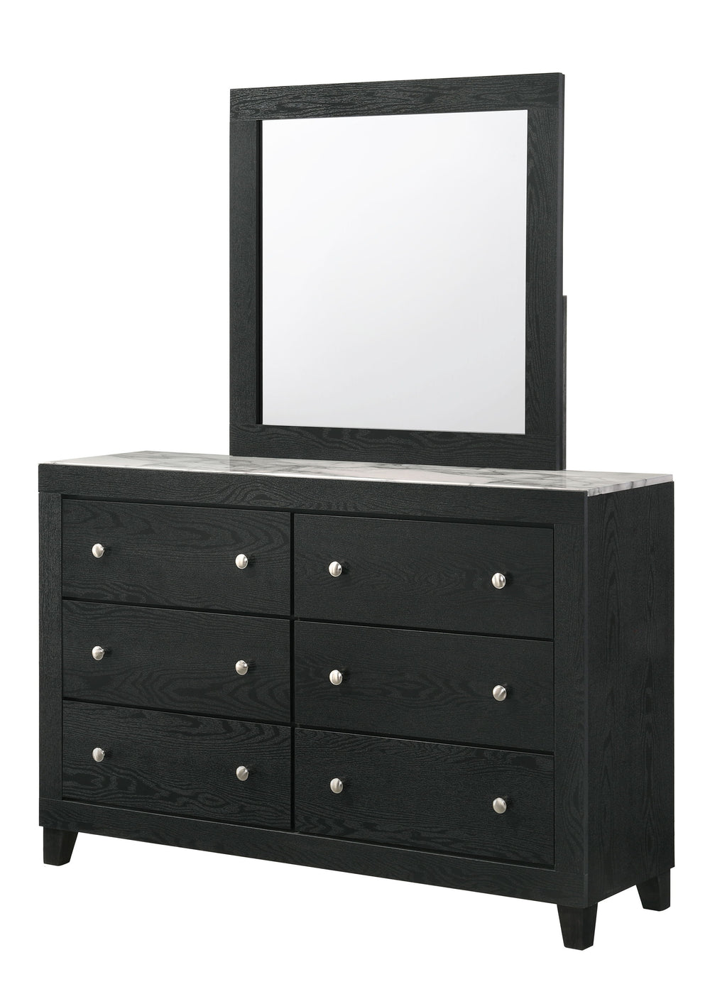 This elegant bedroom collection exudes sophistication with its sleek, dark finish and modern design. The sturdy construction of each piece showcases a rich, textured wood grain, offering both durability and style. The bed, the centerpiece, features a bold