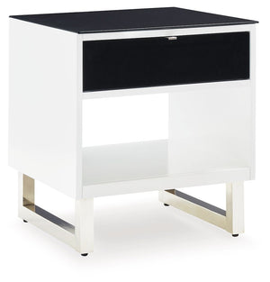 Combining a high-gloss white finish with a black glass tabletop, the Gardoni end table proves opposites really do attract. It-'s the perfect blend of modern style and functionality, with a spacious drawer and open cubby for keeping media needs close at ha
