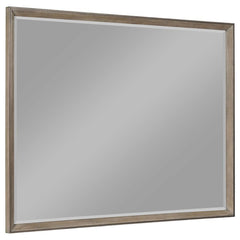 This framed dresser mirror adds a touch of modern sophistication to your bedroom. The Taupe oak finish complements a variety of decor styles, providing a neutral yet stylish accent. Its clean-lined frame echoes the mitered trim of the dresser, creating a 