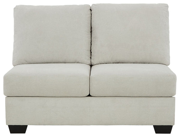 This armless loveseat is made with polyester upholstery. Pairs with other items in the series to make a sectional.<br><br><b>Additional Dimensions</b><br><ul><li>Seat depth: 21-"</li><li>Seat height: 21-"</li><li>Top of cushion to top of back: 19-"</li><l