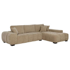 Embrace comfort and timeless style with this mid-century inspired sectional sofa. Designed for relaxed lounging, it showcases wide, rounded arms and plush waterfall seat cushions adorned with subtle grid tufting. Soft, neutral upholstery envelops a sturdy