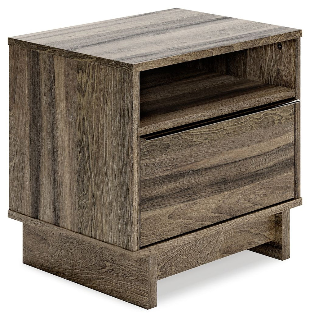 Your modern sanctuary is within reach. The subtle design of this nightstand is accented with a low profile base. Its weathered brown finish is complemented with refined champagne-colored handles on the smooth-gliding drawers. An open shelf provides additi