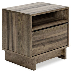 Your modern sanctuary is within reach. The subtle design of this nightstand is accented with a low profile base. Its weathered brown finish is complemented with refined champagne-colored handles on the smooth-gliding drawers. An open shelf provides additi