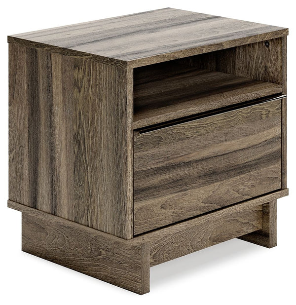 Your modern sanctuary is within reach. The subtle design of this nightstand is accented with a low profile base. Its weathered brown finish is complemented with refined champagne-colored handles on the smooth-gliding drawers. An open shelf provides additi
