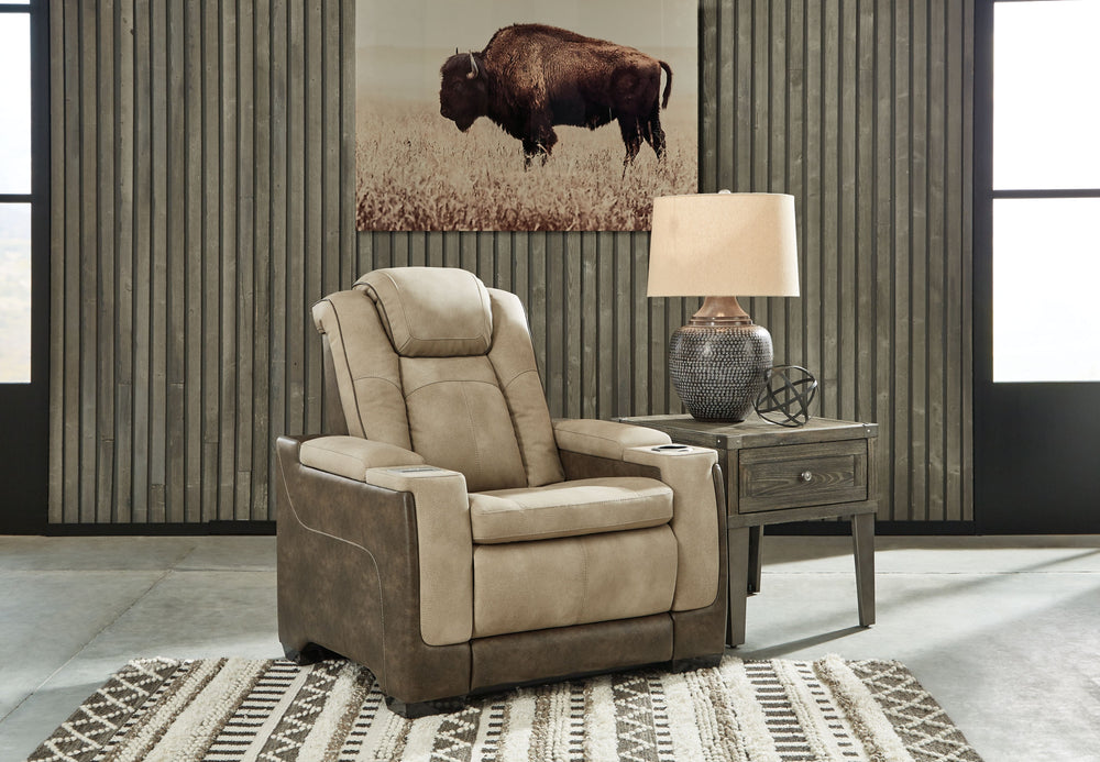 This sleek, ultra-modern power recliner has it all. With designer style and head-to-toe comfort, it has the upscale look of leather at a scaled-down faux leather price. Its two-tone upholstery is more durable and water-repellent than regular leather, an a