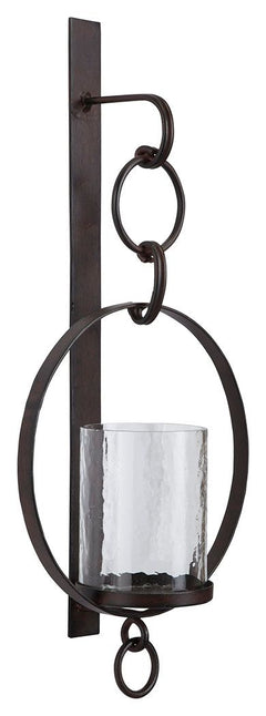 Hang out in style. Bring warmth and flair to an overlooked space with this wall sconce and candle holder. Dark bronze-tone metal and clear glass make a striking combination. Aligned or staggered, theyâ€™re even more beautiful when paired.<br><br><b>Additi