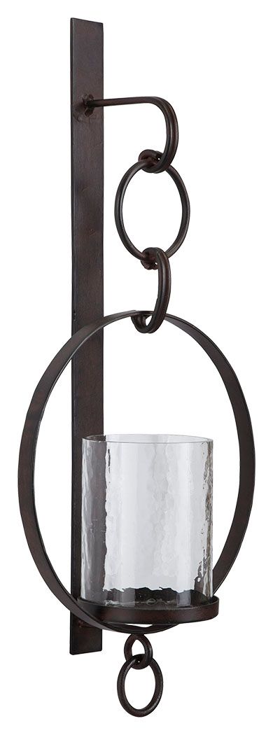Hang out in style. Bring warmth and flair to an overlooked space with this wall sconce and candle holder. Dark bronze-tone metal and clear glass make a striking combination. Aligned or staggered, theyâ€™re even more beautiful when paired.<br><br><b>Additi