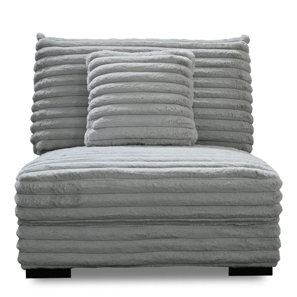 The Embrace Armless Chair with 1 Accent Pillow in gray offers a perfect blend of comfort and style, enhancing any living space. Upholstered in 100% gray polyester fabric with a fluffy, blanket-like texture, this chair is designed for ultimate relaxation. 