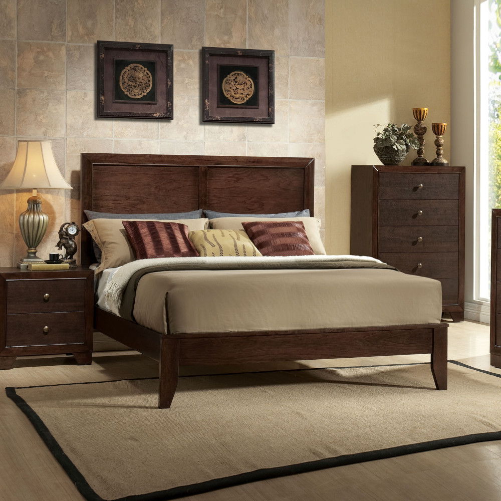 The Madison casual bedroom collection features panel bed configuration, generous Casegood size and espresso knob hardware. Also features hand selected laminate drawer fronts & chamfered leg details. This bedroom will bring a sleek style to your favorite b