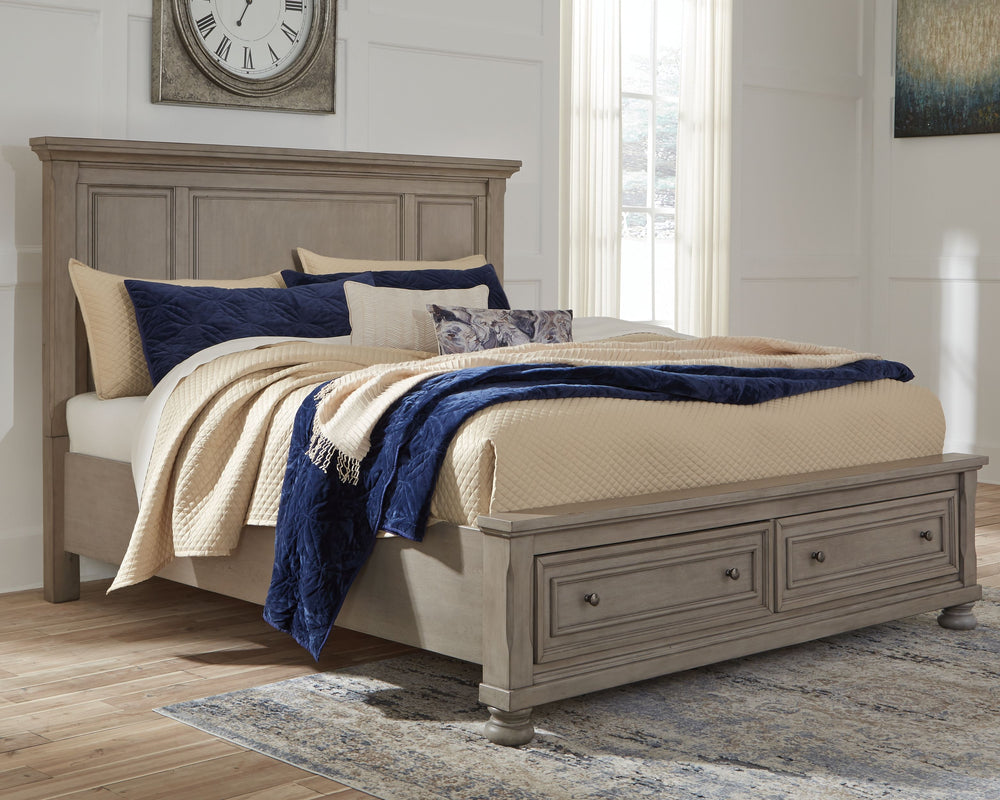 Satisfying your taste for tradition, this queen panel storage bed sports serene sophistication. Forever classic design details like inset panels, silvertone patina hardware and bun feet are so easy to love. A burnished light gray finish elevates the look 