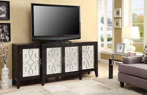 The Kacia console table will be a stylish addition to any living space. Features four mirrored front doors beautifully embellished by raised ornamental inlay, each door includes one shelf inside. This versatile piece may be used as a TV stand, display tab