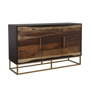 An outstanding handcrafted wood accent table from India, this piece flaunts a range of natural wood colors. Two cabinet drawers boast sleek gold bar pulls. Meanwhile, two center drawers offer additional storage space. The gold geometric base ties the enti
