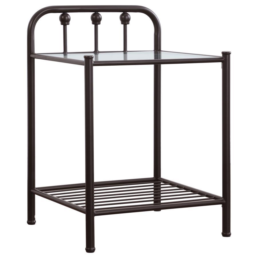 This metal nightstand brings farmhouse charm and functional design to your bedside. Crafted with a dark bronze powder-coated frame, it features a clear tempered glass top for open visibility and easy cleaning. A lower slatted metal shelf adds extra storag