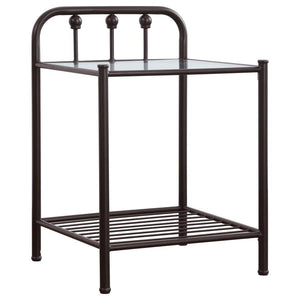 This metal nightstand brings farmhouse charm and functional design to your bedside. Crafted with a dark bronze powder-coated frame, it features a clear tempered glass top for open visibility and easy cleaning. A lower slatted metal shelf adds extra storag