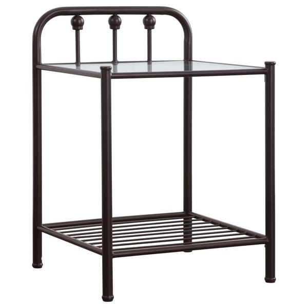 This metal nightstand brings farmhouse charm and functional design to your bedside. Crafted with a dark bronze powder-coated frame, it features a clear tempered glass top for open visibility and easy cleaning. A lower slatted metal shelf adds extra storag