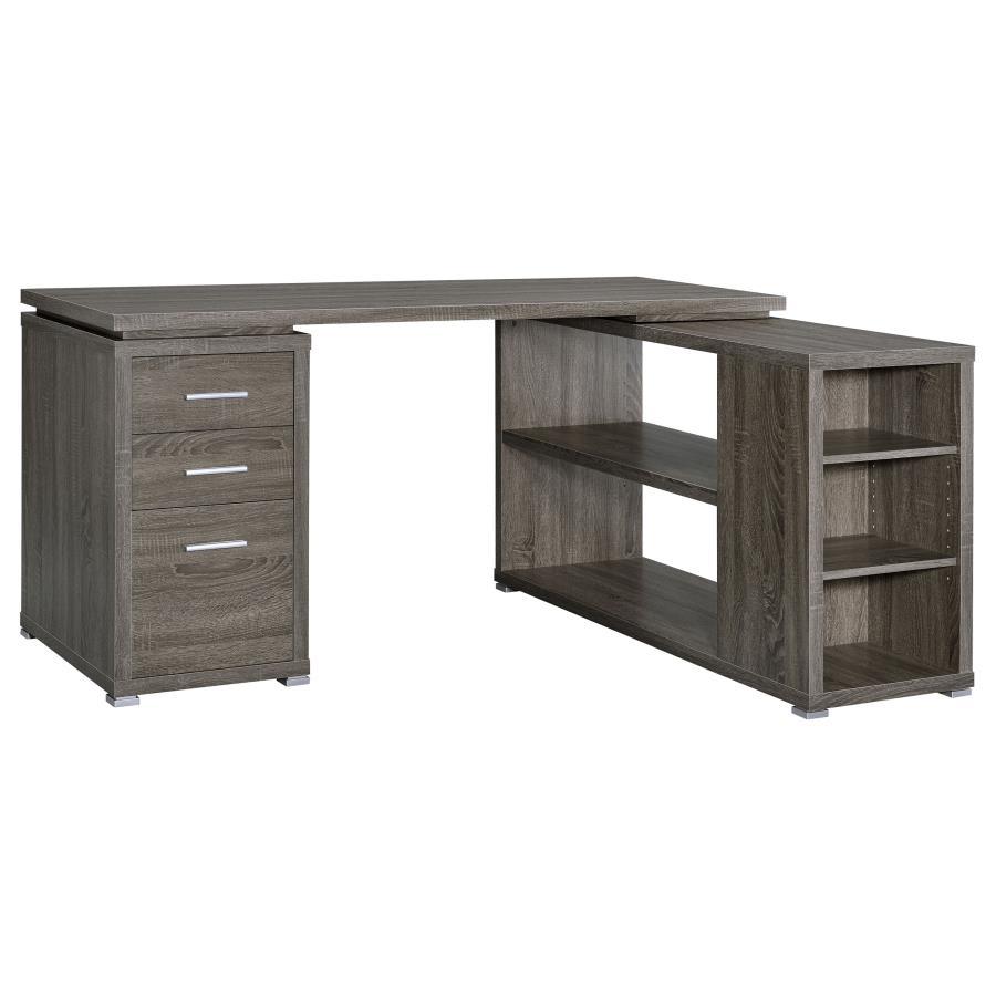 Infuse your daily work routine with chic practicality. This L-shaped office desk has a sleek design that looks great in an office or library. Large, open shelves combine with three convenient drawers for lots of storage space. The three drawers include a 