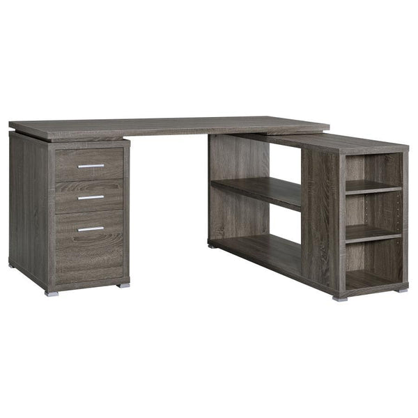 Infuse your daily work routine with chic practicality. This L-shaped office desk has a sleek design that looks great in an office or library. Large, open shelves combine with three convenient drawers for lots of storage space. The three drawers include a 