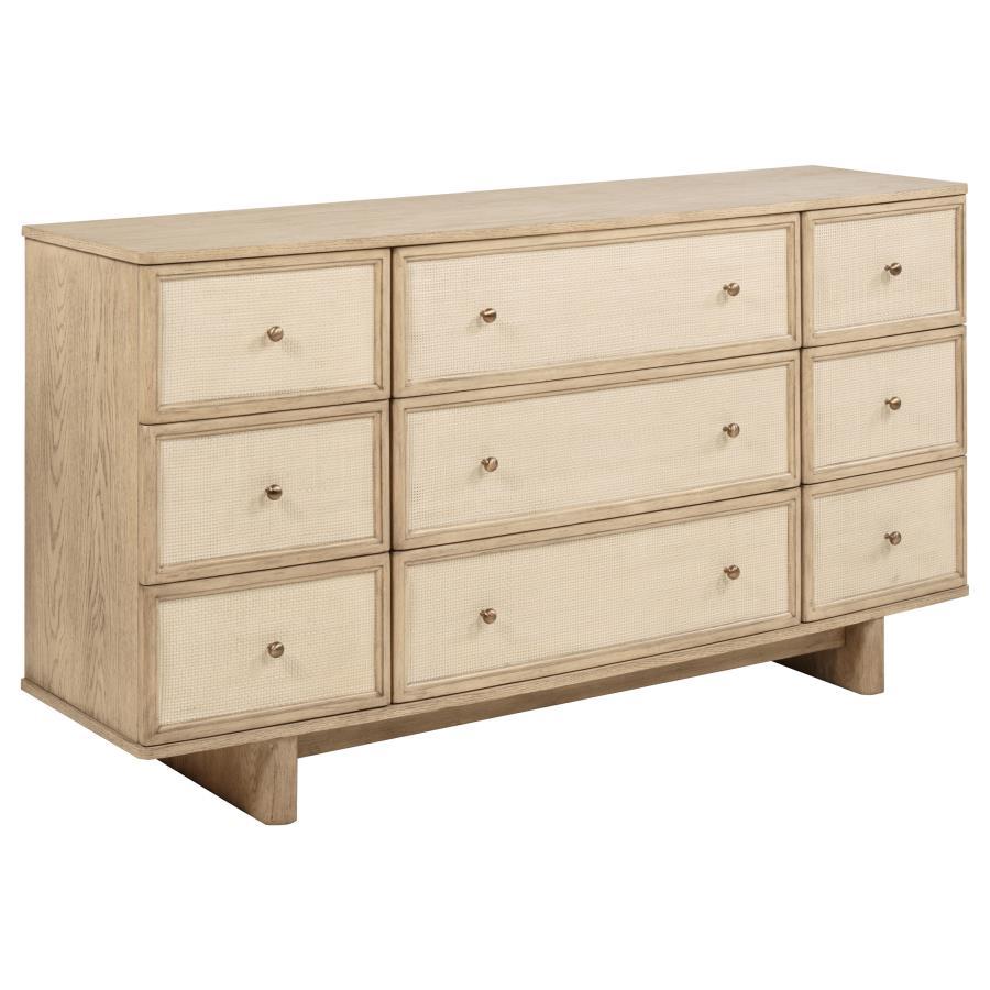 This nine-drawer dresser offers generous storage and timeless style, making it an essential piece for your bedroom. The beige oak finish exudes warmth and sophistication, while the smooth metal extension glides ensure easy access to your wardrobe. Antique