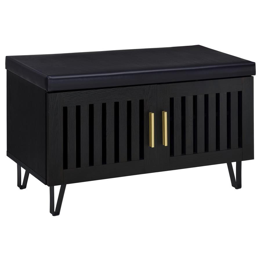 This modern storage bench combines style and functionality, featuring a faux leather upholstered padded top for added versatility as a seating bench. The cabinetâ€™s two doors showcase a vertical slat design, enhancing its contemporary aesthetic while all