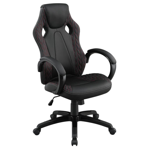 Perfect for a modern home office, this contemporary office chair is wrapped in a black leatherette that offers a bold statement piece. Accenting the black leatherette is a botanical-inspired herringbone pattern with a red stitching details, giving a subtl