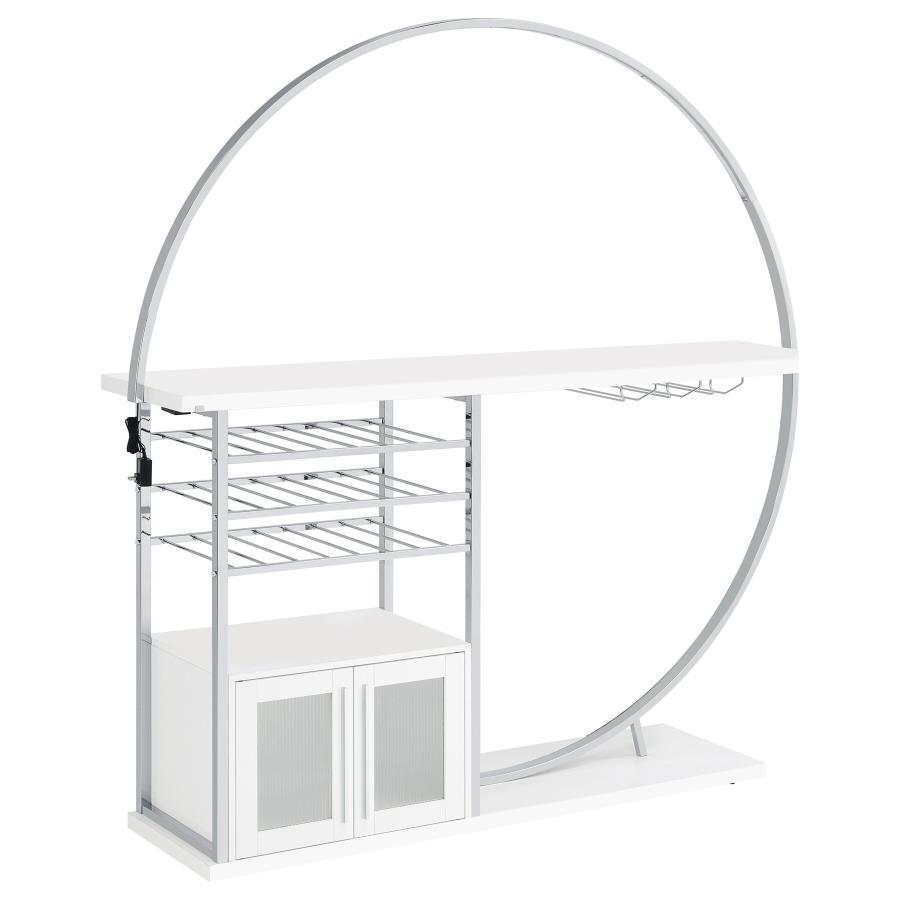 Transform your space into a beacon of style with this contemporary home bar that marries function with cutting-edge design. Bathed in the glow of LED lighting with a choice of eight vibrant colors, this piece becomes the centerpiece of any entertainer-'s 