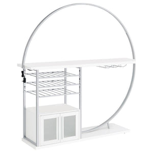 Transform your space into a beacon of style with this contemporary home bar that marries function with cutting-edge design. Bathed in the glow of LED lighting with a choice of eight vibrant colors, this piece becomes the centerpiece of any entertainer-'s 