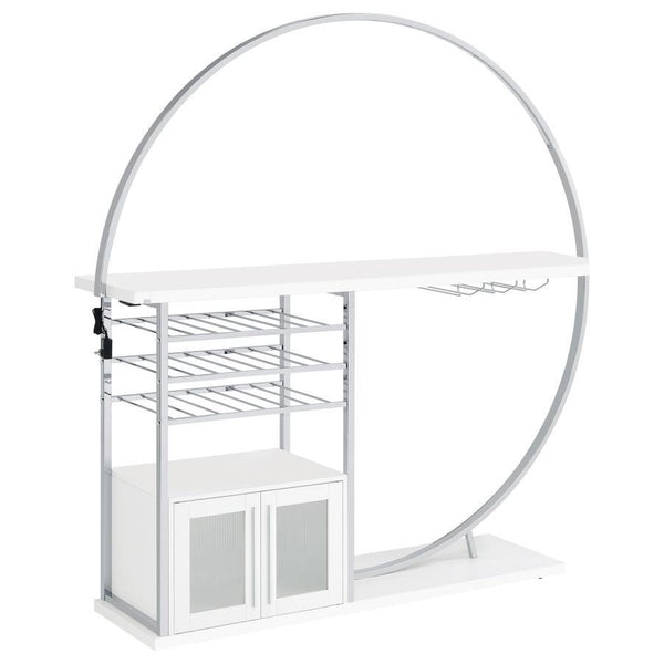 Transform your space into a beacon of style with this contemporary home bar that marries function with cutting-edge design. Bathed in the glow of LED lighting with a choice of eight vibrant colors, this piece becomes the centerpiece of any entertainer-'s 