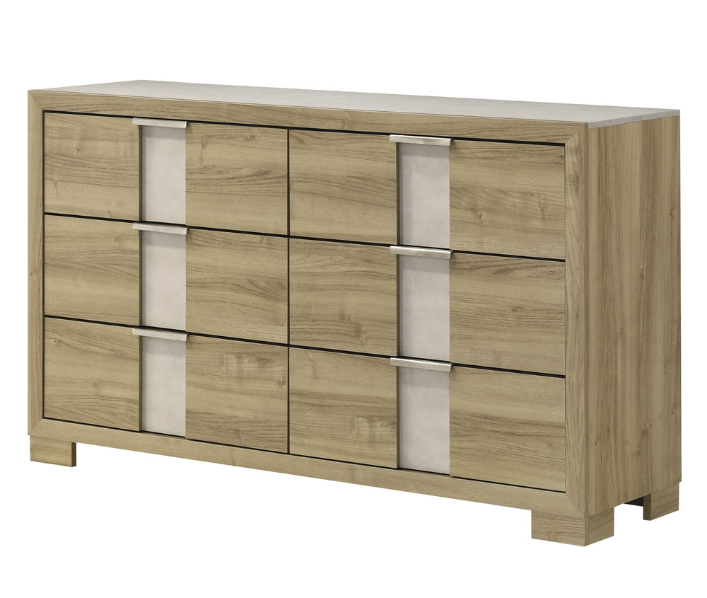 This bedroom set encapsulates modern minimalism, rendered in a soothing, natural wood finish that brings an organic, airy feel to any bedroom. The clean-lined bed boasts a broad headboard that stands as a subtle statement piece with integrated lighting. A