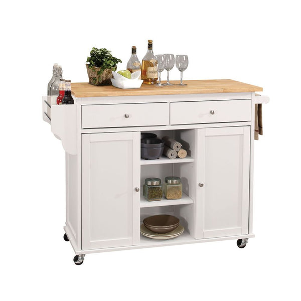 Add storage space and charm to your kitchen with this Tullarick wheeled kitchen island. The stylish white finish and natural wood top along with silver handles and pulls make this cart an adorable addition to cottage, contemporary or beach decor schemes. 
