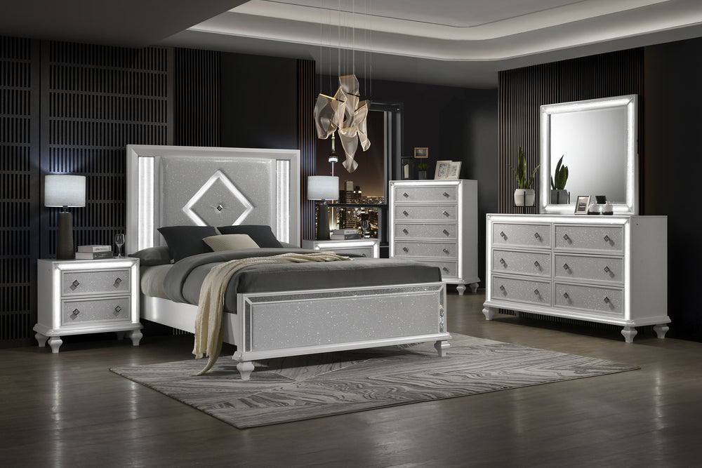 Discover the epitome of luxury with the Stardust 6 Piece Bedroom Suite, designed to elevate your bedroom to new heights of elegance. Your set includes a beautiful bed, dresser, mirror, 2 nightstands and chest. Crafted with meticulous attention to detail, 