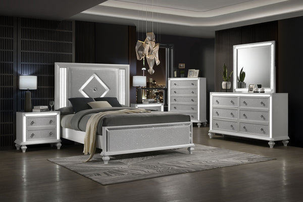 Discover the epitome of luxury with the Stardust 6 Piece Bedroom Suite, designed to elevate your bedroom to new heights of elegance. Your set includes a beautiful bed, dresser, mirror, 2 nightstands and chest. Crafted with meticulous attention to detail, 