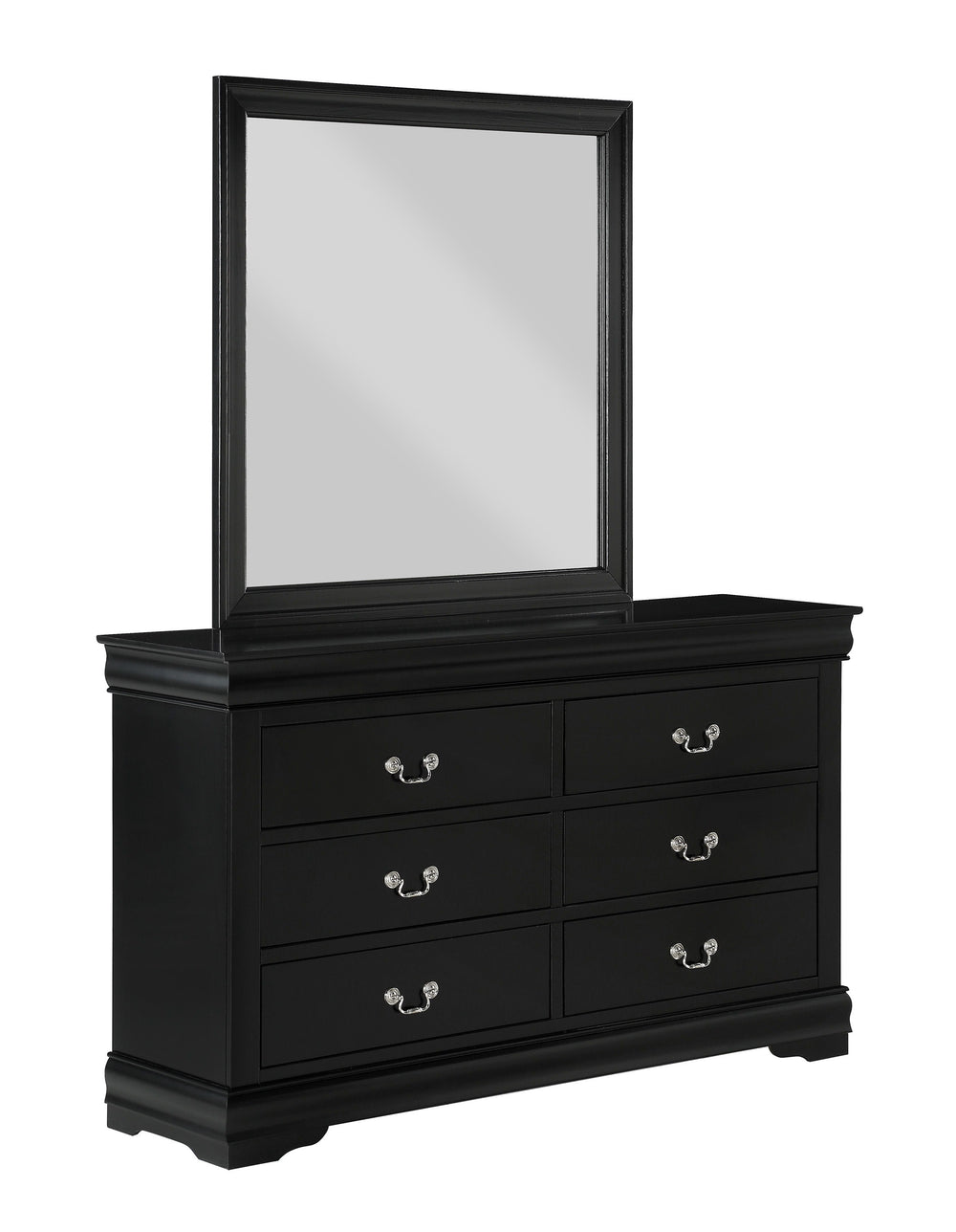 Elevate your sanctuary with this timeless bedroom collection that exudes classic charm with a modern twist. Each piece is bathed in a sharp, black finish that brings a rich and elegant feel to any space. The bed anchors the room with its gracefully curved