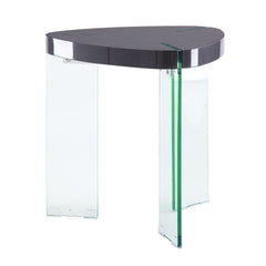 KD, Triangular Tripod End Table â€¢ NO Storage (Open Base) â€¢ Features: Triangular High Gloss Top, Tripod Base: 12 Clear Glass â€¢â€¢ CONSTRUCTION â€¢â€¢ High Gloss TOP: Gray finish, MDF, Top Size: 2 Inches Thick (54mm) â€¢ Glass Tripod Base: 12mm Clear 