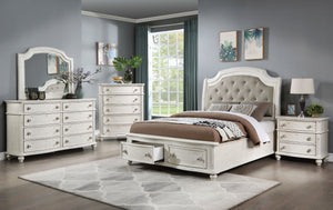 Jaqueline - Queen Bed With Storage - Light Gray Linen & Antique White Finish