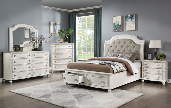 Jaqueline - Queen Bed With Storage - Light Gray Linen & Antique White Finish