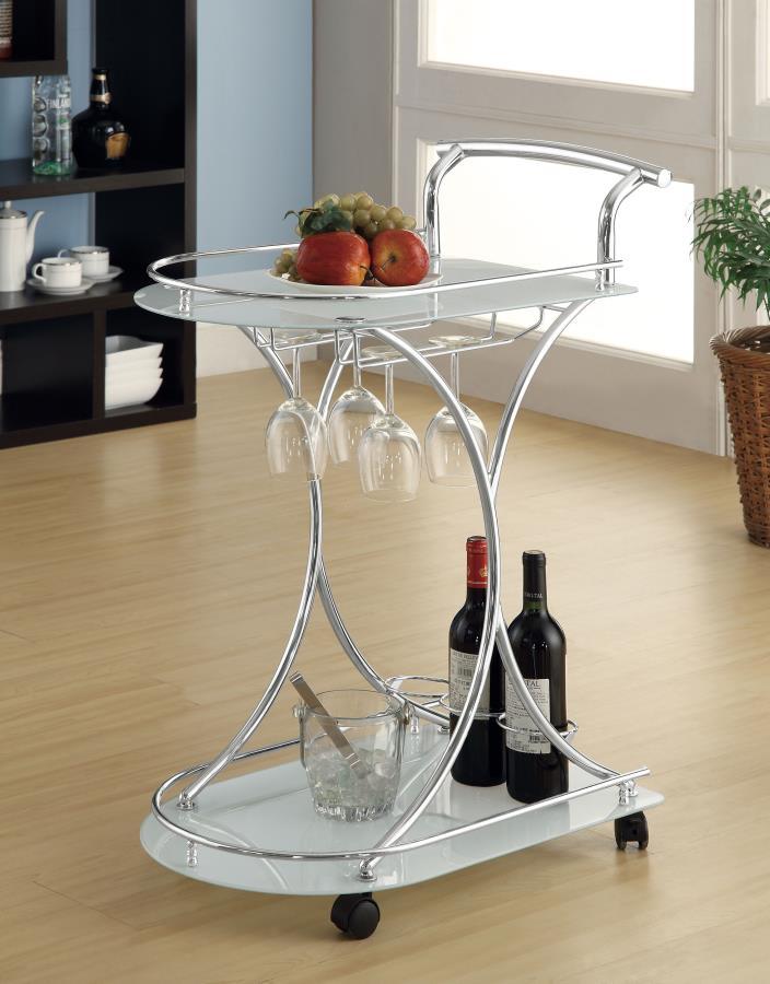 Mobile and beautiful describe the motif of this gorgeous serving cart. With a romantic mid-century look, its slender silhouette delivers elegance and utility. Enjoy a curved frame made from chrome finish metal, and two white glass shelves that aid in serv