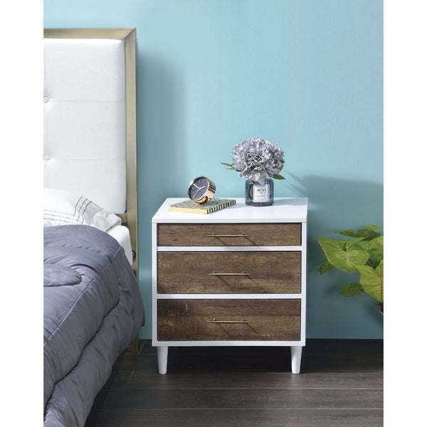  Rectangular Night-Table Storage: 3 Drawers () Orientation: Free Standing CONSTRUCTION Wood Case-Frame & Drawer: White Frame & Front Drawers with contrast Weathered Oak Finish