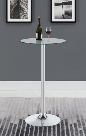  this contemporary bar table features a round tempered glass top and polished chrome pedestal base. A stylish fit for modern kitchens
